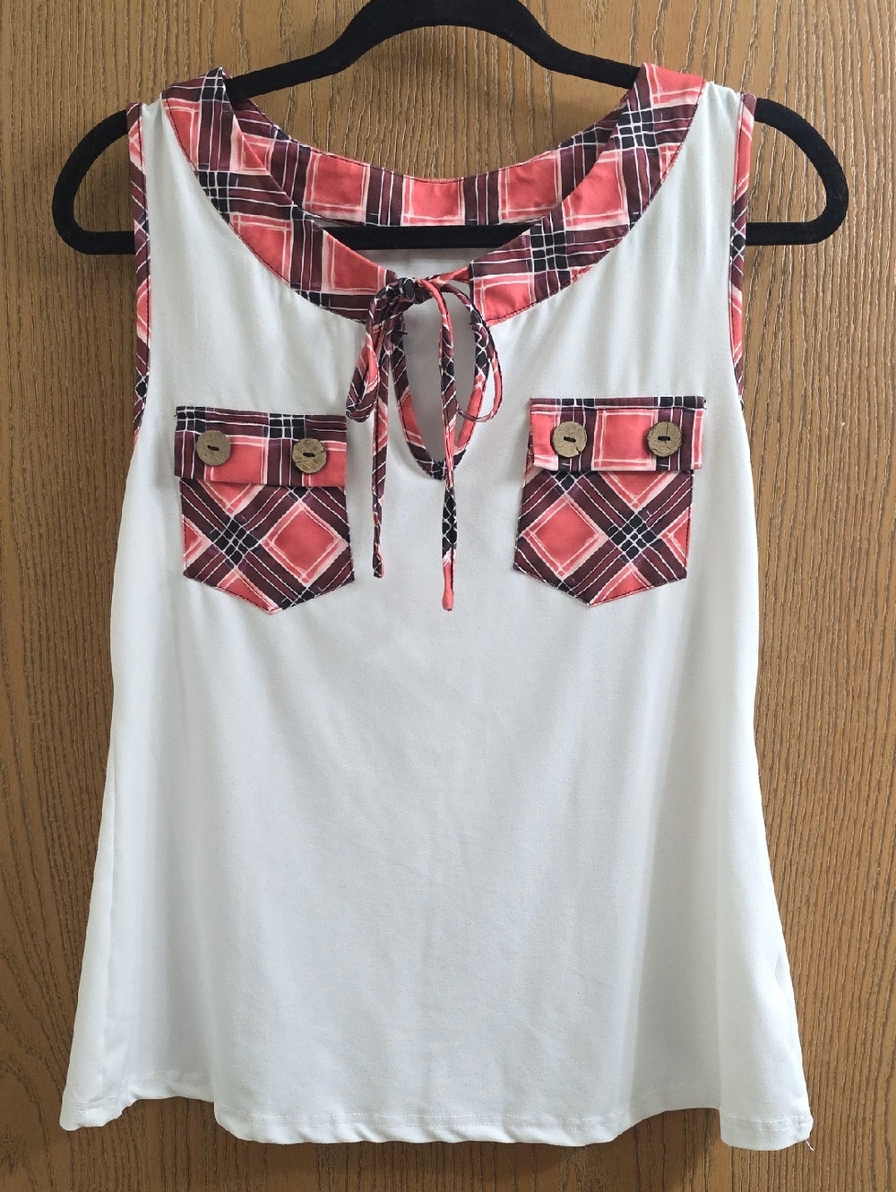 Women’s Cream Tank Top with Coral Plaid Trim